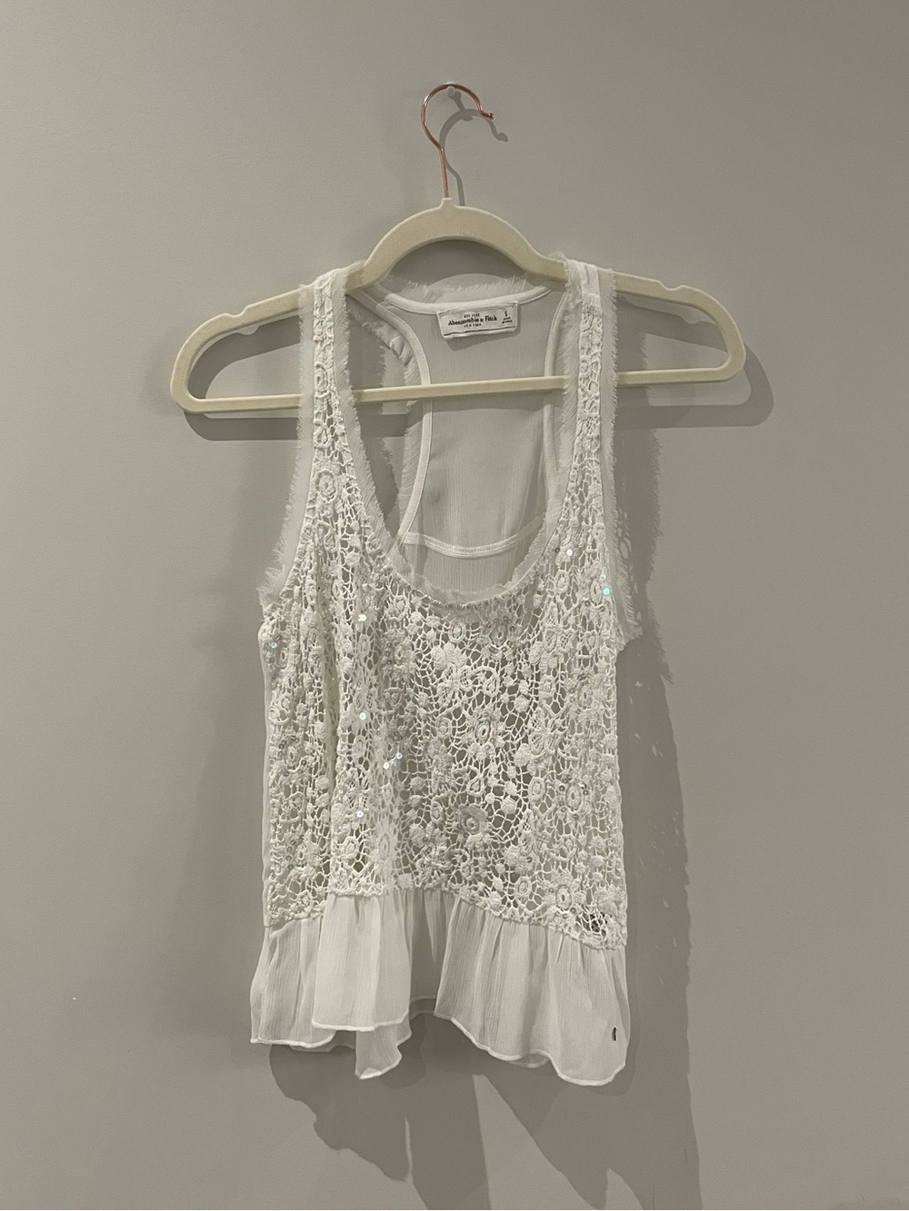 Abercrombie & Fitch White Lace-Front Tank with Chiffon Ruffle Fairycore
